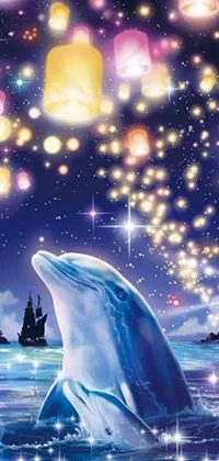 This beautiful live wallpaper features a lively and graceful dolphin swimming peacefully in a clear sea under a stunning star-covered background