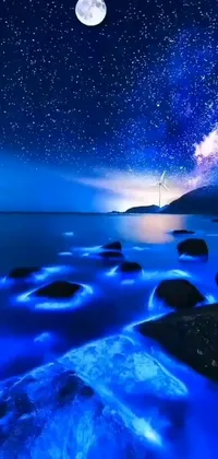 This exquisite phone live wallpaper features a stunning digital artwork of a body of water surrounded by rocks in a mesmerizing night sky setting