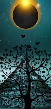 This phone live wallpaper features a captivating painting of a tree with birds flying around it, set against a detailed silhouette of an eclipse and an intriguing black hole