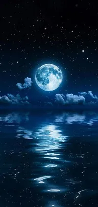 This stunning phone live wallpaper displays a serene scene of a full moon reflecting in the shimmering water