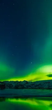 Transform your mobile screen with our awe-inspiring live wallpaper featuring vibrant green aurora lights over a still lake