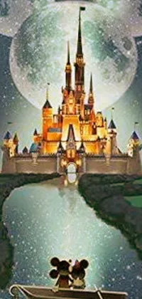 Transform your phone into a magical world of wonder with this highly-detailed live wallpaper featuring the iconic Disney character, Mickey Mouse! This stunning creation showcases a beautifully crafted castle in the moonlight, captured in the magical realism style that defines the world of Disney