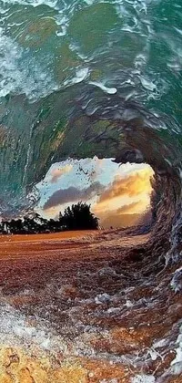 This phone live wallpaper features a surreal image of a surfer riding a wave on a surfboard in charming Kauai