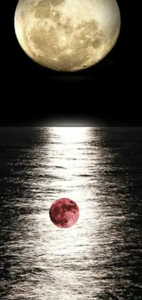 Enjoy a stunning live phone wallpaper containing a breathtaking image of a full moon rising over a peaceful body of water