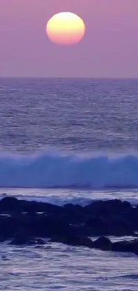 This phone live wallpaper captures the thrill of surfing in the Azores with a majestic wave amidst a stunning purple sunset