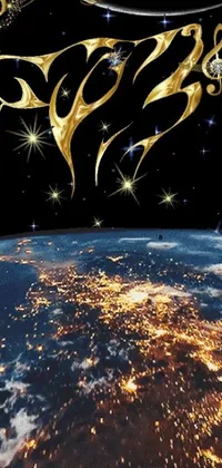 This phone live wallpaper showcases a beautiful view of the Earth from space, with floating musical notes adding a surreal touch