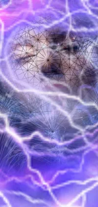 This live phone wallpaper features a dramatic close up of a face, encircled by powerful purple lightning, digital art, the sacred Flower of Life, Torus energy and astral patterns against a deep space backdrop