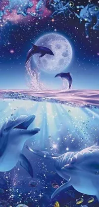 This magical live wallpaper for your phone displays a stunning scene of galaxies sparkling on the ocean's surface under a full moon