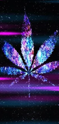 This phone live wallpaper showcases a mesmerizing marijuana leaf set against a dark, starry background