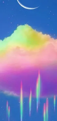 This phone live wallpaper features a stunning and colorful rainbow cloud with a crescent in the sky