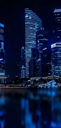 This live wallpaper features a sleek digital art style showcasing a mesmerizing city skyline at night as viewed from across the water