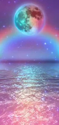 This mesmerizing live wallpaper showcases a captivating rainbow over the ocean with a holographic effect