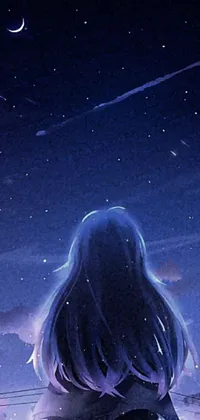 This live wallpaper portrays a woman on a roof under a starry night sky, featuring long glowing hair, tiny stars, and inspired by digital art style