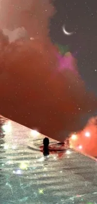 This captivating phone live wallpaper showcases a surreal scene of a serene figure floating on top of a still body of water