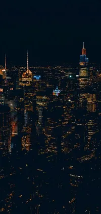 This phone live wallpaper boasts an impressive aerial view of a bustling city at night with a science fiction twist