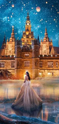 Immerse yourself in the magical world of this exquisite phone live wallpaper featuring a bride in a wedding dress standing in front of a stunning castle