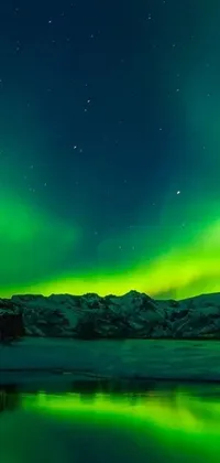 This stunning live wallpaper captures the beauty and splendor of the aurora lights, set against a backdrop of snow-capped mountains and a clear blue sky