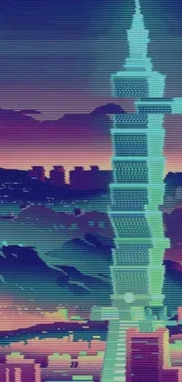 This pixel art phone live wallpaper features a cityscape with a towering building as its centerpiece, incorporating Beeple-inspired design and the nostalgic 90s VHS aesthetic