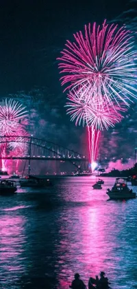 This phone live wallpaper features a vibrant display of fireworks lighting up the night sky over a tranquil body of water