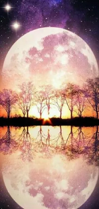 Add an enchanting touch to your phone with this live wallpaper featuring a picturesque full moon reflecting beautifully over a serene body of water