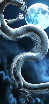 This phone live wallpaper features a stunning depiction of a white dragon against a full moon backdrop with silver snakes and intricate avatar pictures