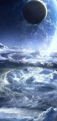 This stunning phone live wallpaper showcases a beautiful blue planet in the sky, surrounded by swirling clouds and a mesmerizing vortex
