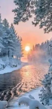 Enhance your phone's ambiance with a stunning live wallpaper showcasing a river passing through a snow-wrapped forest during sunrise