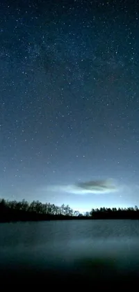 This live wallpaper showcases a scenic view of a vast water body and a starry night sky