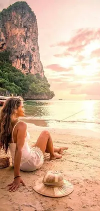 Transform your phone into a tropical paradise with this stunning live wallpaper! The bright beach scene features a colorful boat and a woman seated on the sand