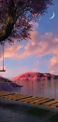 Enjoy a serene spring evening with this beautiful phone live wallpaper featuring a swing hanging from a tree next to a peaceful body of water
