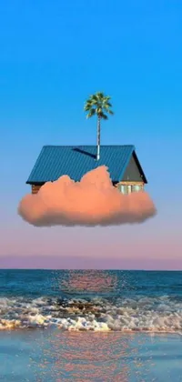 This enchanting phone live wallpaper features a charming, tiny house perched on a fluffy white cloud above a sparkling ocean