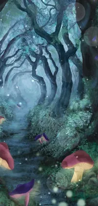 This phone live wallpaper showcases a stunning painting of a forest filled with countless mushrooms in a dreamy, mystical style