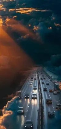This mesmerizing live wallpaper features a group of sleek cars driving down a highway under stormy skies