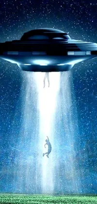 Experience a captivating live wallpaper featuring a man in a futuristic suit and helmet flying next to a hovering flying saucer emitting a bright blue light