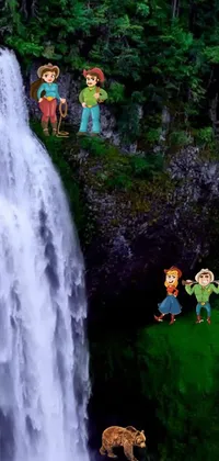 This phone live wallpaper shows a group of people standing in front of a stunning waterfall