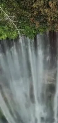 This phone live wallpaper is a breathtaking image of a waterfall in the midst of a lush mountain