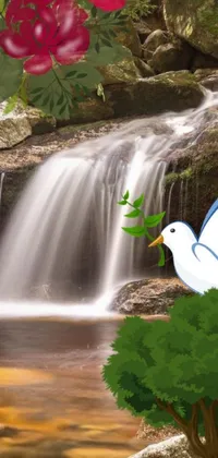 This phone live wallpaper depicts a peaceful bird sitting on a tree near a breathtaking waterfall, providing an ideal environment for relaxation
