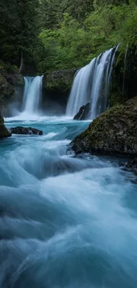 This live phone wallpaper showcases a picturesque waterfall that meanders through a lush forest scenery