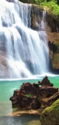 "Enjoy the peaceful and serene beauty of a lush green forest with a stunning live wallpaper featuring a cascading waterfall