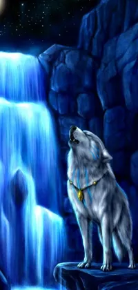 This HD live wallpaper features a stunning blue wolf standing in front of a picturesque waterfall