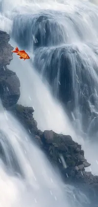 This phone live wallpaper displays a breathtaking scene of a large waterfall cascading down a rocky cliff into a serene body of water, surrounded by lush greenery
