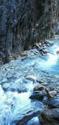 Immerse yourself in the natural beauty of this phone live wallpaper featuring a man standing on a rock by a flowing river