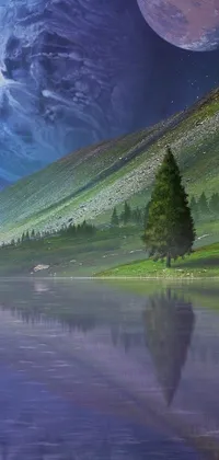 This stunning live wallpaper for phone features a serene lake surrounded by a beautiful pine tree landscape