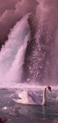 This cheery phone live wallpaper overflows with pink waterfalls, where a swan swims in front of the cascading water