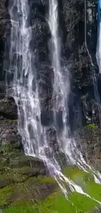 This stunning live wallpaper features a captivating natural scene of a waterfall with misty waters cascading down a rocky cliff face