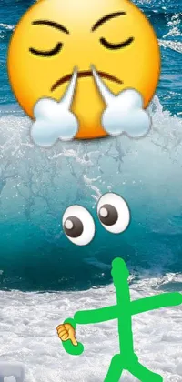 This live wallpaper for your phone showcases a serene beach scene with a smiling face and waves cascading on either side