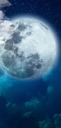 This phone live wallpaper showcases a breathtaking full moon in the starry night sky