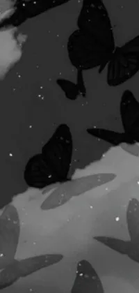 This phone live wallpaper boasts a beautiful black and white image of butterflies in flight, set against a dark, anime-inspired background