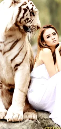 This phone live wallpaper showcases a breathtaking image of a woman sitting beside a regal white tiger in an idyllic forest setting