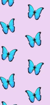 This phone live wallpaper showcases blue butterflies on a pink background in the style of Tumblr and Hurufiyya